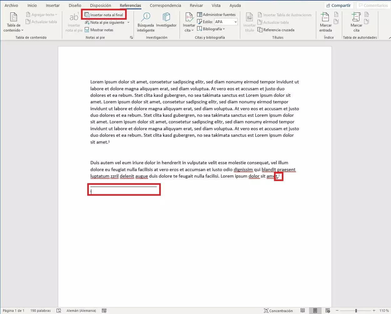 Imagen: Insertar una nota al final en Word 2019