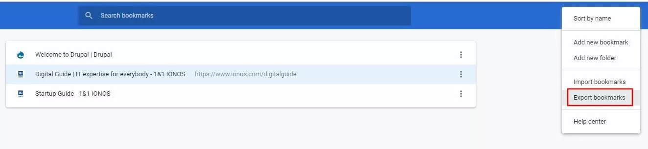 Chrome: “Exportar marcadores”