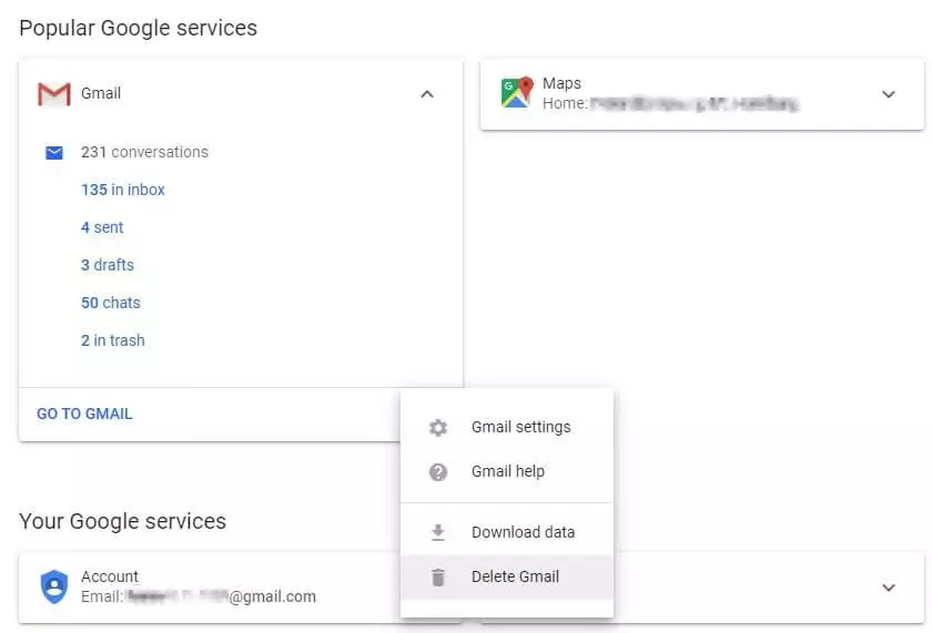 Menú desplegable con la opción “Delete Gmail”