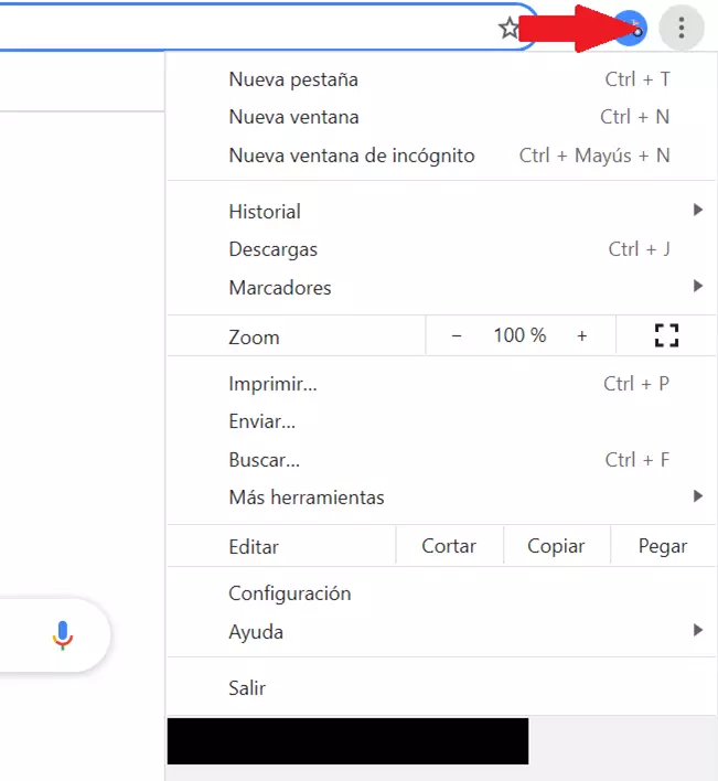 Menú de Chrome “Personalizar y controla Google Chrome”