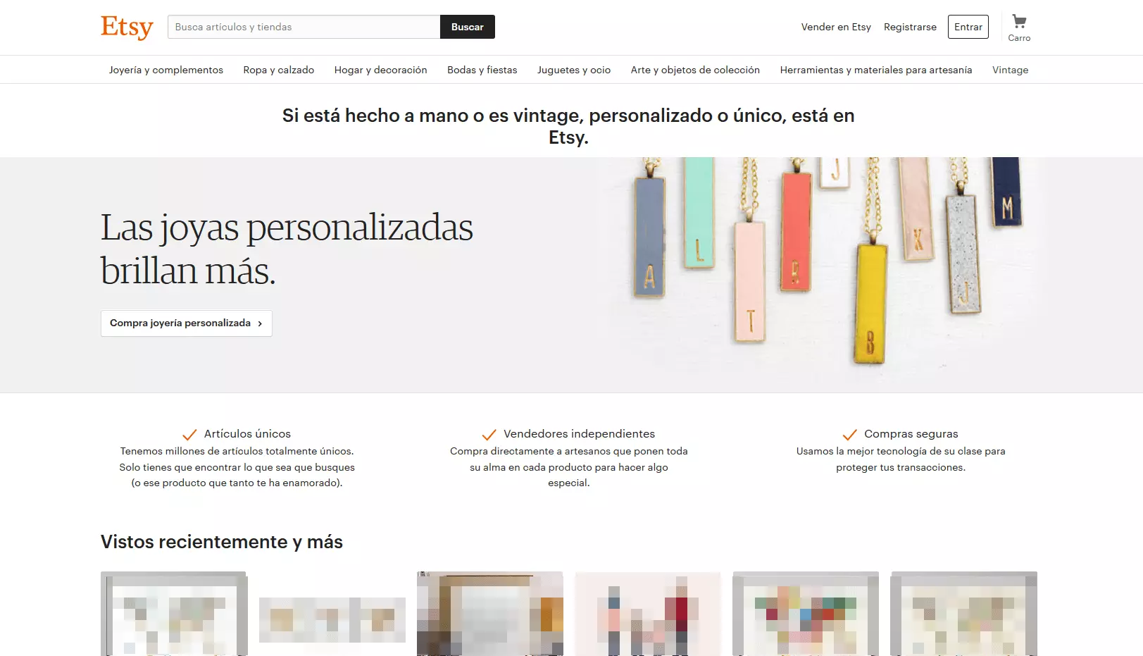 Imagen: Página de inicio de Etsy en español