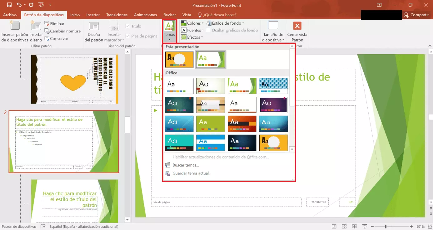 Imagen: Trabajar con dos o más patrones de diapositivas en PowerPoint 2019