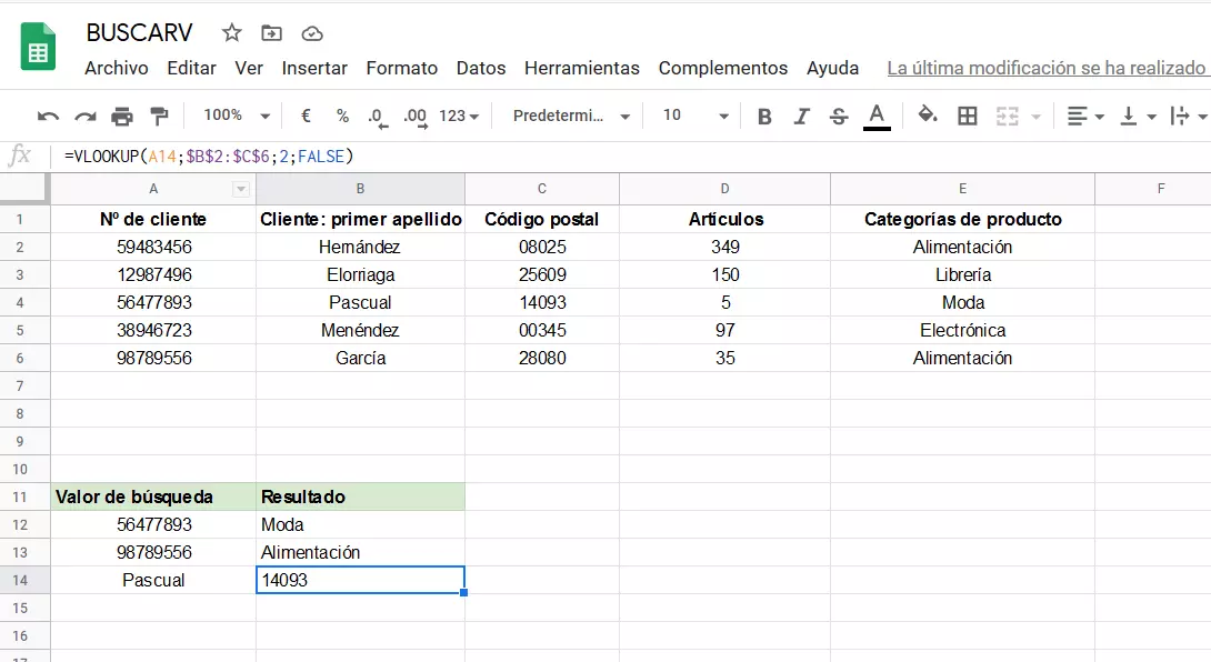 Resultados de BUSCARV en Google Sheets Resultados de BUSCARV en Google Sheets