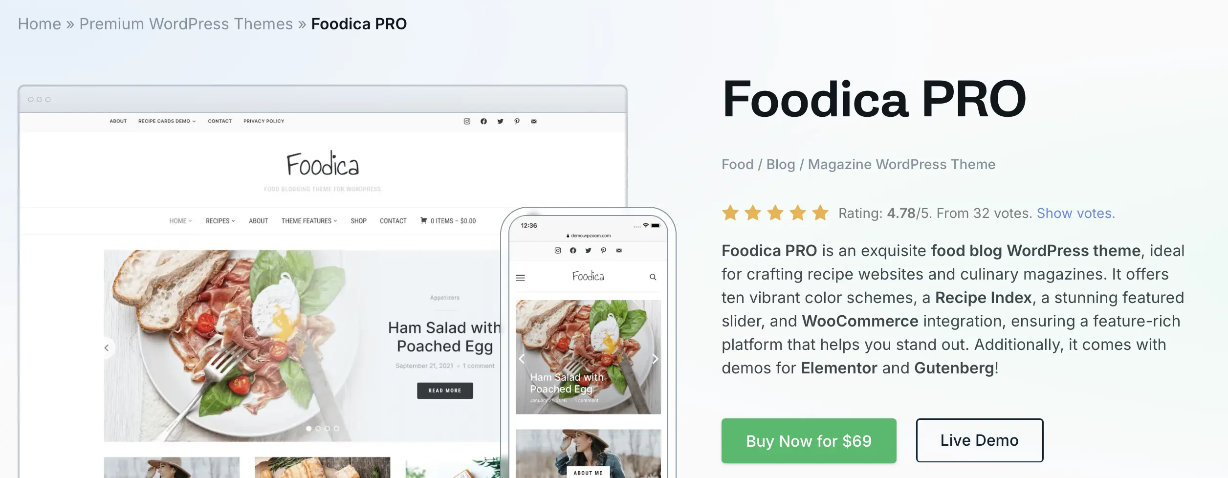 Plantilla Foodica de WordPress hecha por WPZOOM Imagen: Plantilla Foodica de WordPress hecha por WPZOOM