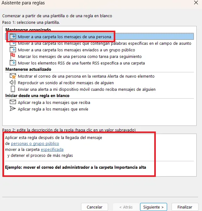 Asistente para reglas de Outlook: selección de una plantilla de reglas Imagen: Asistente para reglas de Outlook: selección de una plantilla de reglas