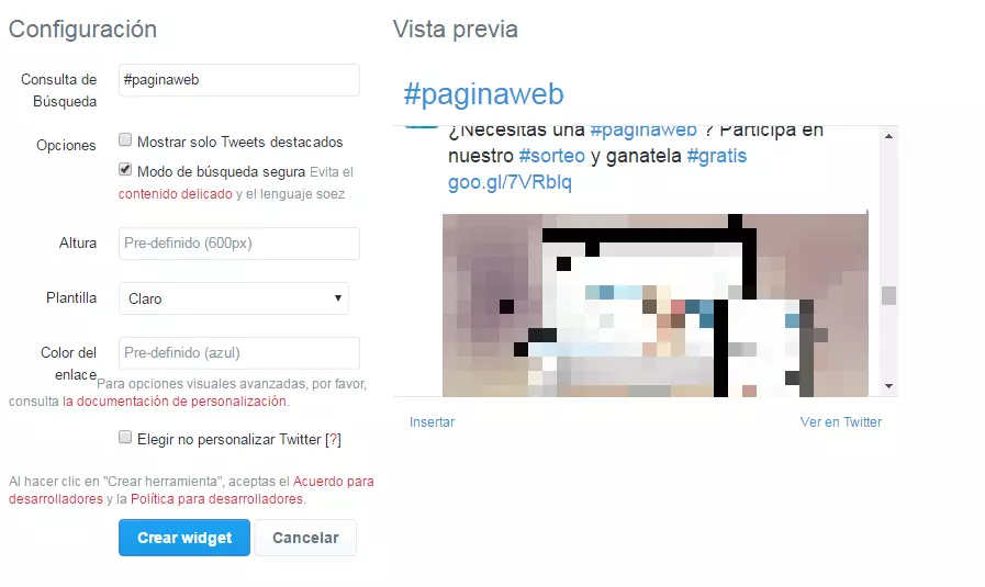 Imagen: Posibilidades de configuración para crear widgets