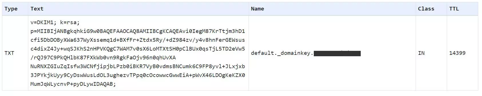Captura de pantalla de un registro DKIM Captura de pantalla de un registro DKIM