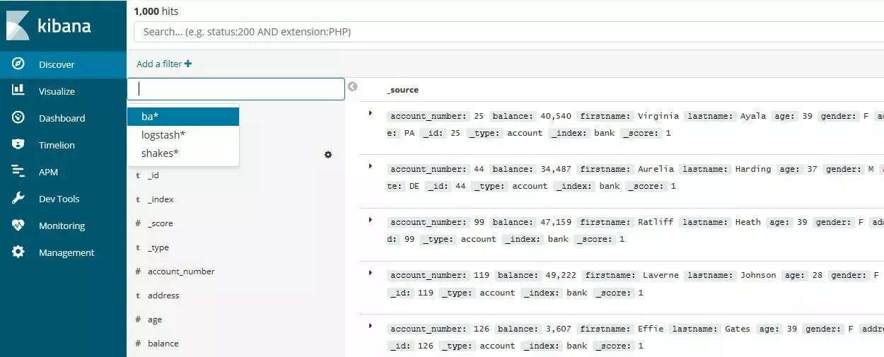 Imagen: Kibana: lista de entradas de un registro de datos