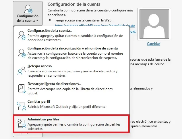 Imagen: Configuración de la cuenta de Outlook