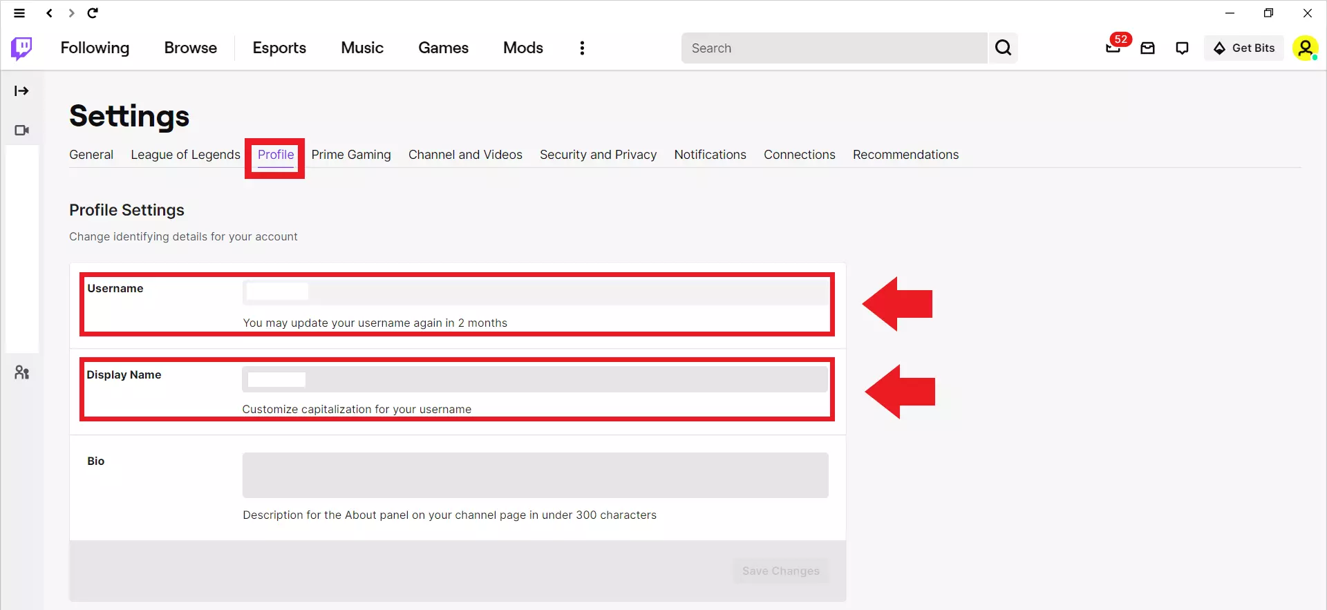 Imagen: Configuración de perfil en la aplicación de escritorio de Twitch