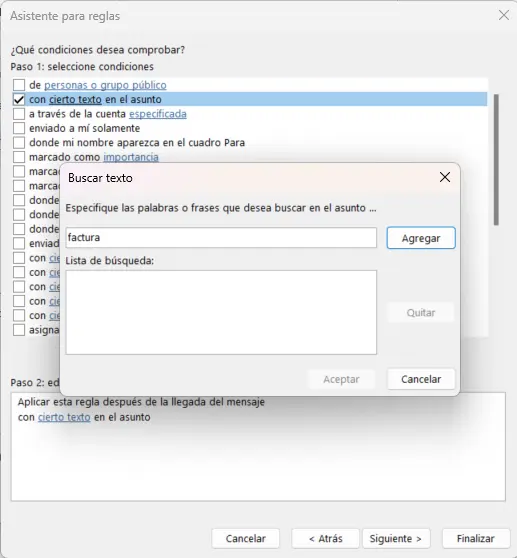 Asistente para reglas en Outlook: edición de la condición de la regla Imagen: Asistente para reglas en Outlook: edición de la condición de la regla