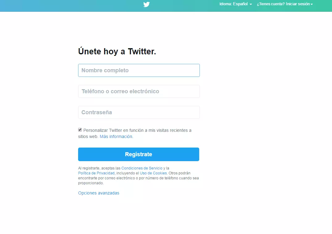 Imagen: Captura de pantalla de la página de registro de Twitter