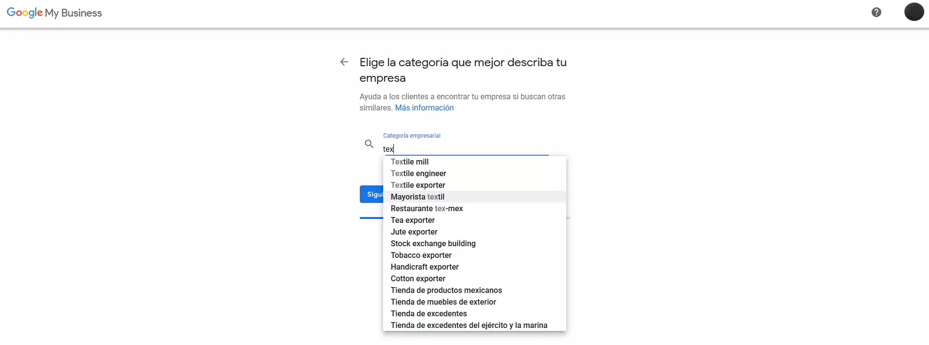Imagen: Google My Business: selección de la categoría de la empresa para Google Maps