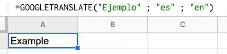 Imagen: Función de Google Translate en Sheets con texto dentro de la fórmula