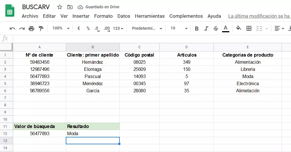 Resultado de BUSCARV en Google Sheets Resultado de BUSCARV en Google Sheets