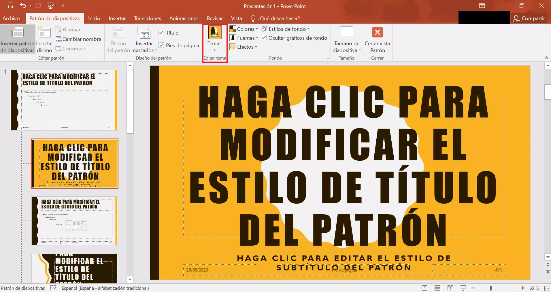 Imagen: Diapositiva patrón con un tema diseñado por el usuario de PowerPoint 2019
