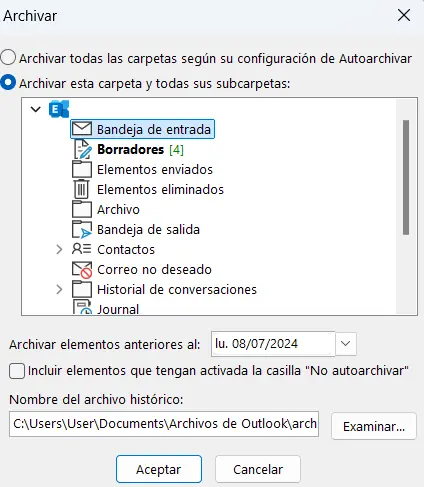Microsoft Outlook: cuadro de diálogo “Archivar” Imagen: Microsoft Outlook: cuadro de diálogo “Archivar”