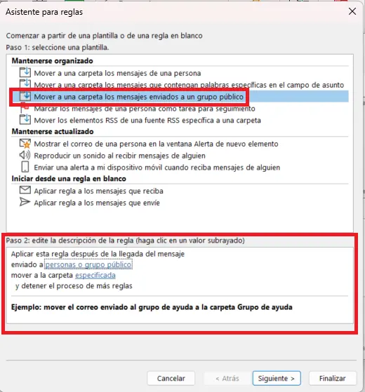 Asistente para reglas en Outlook: selección de plantilla de reglas Imagen: Asistente para reglas en Outlook: selección de plantilla de reglas