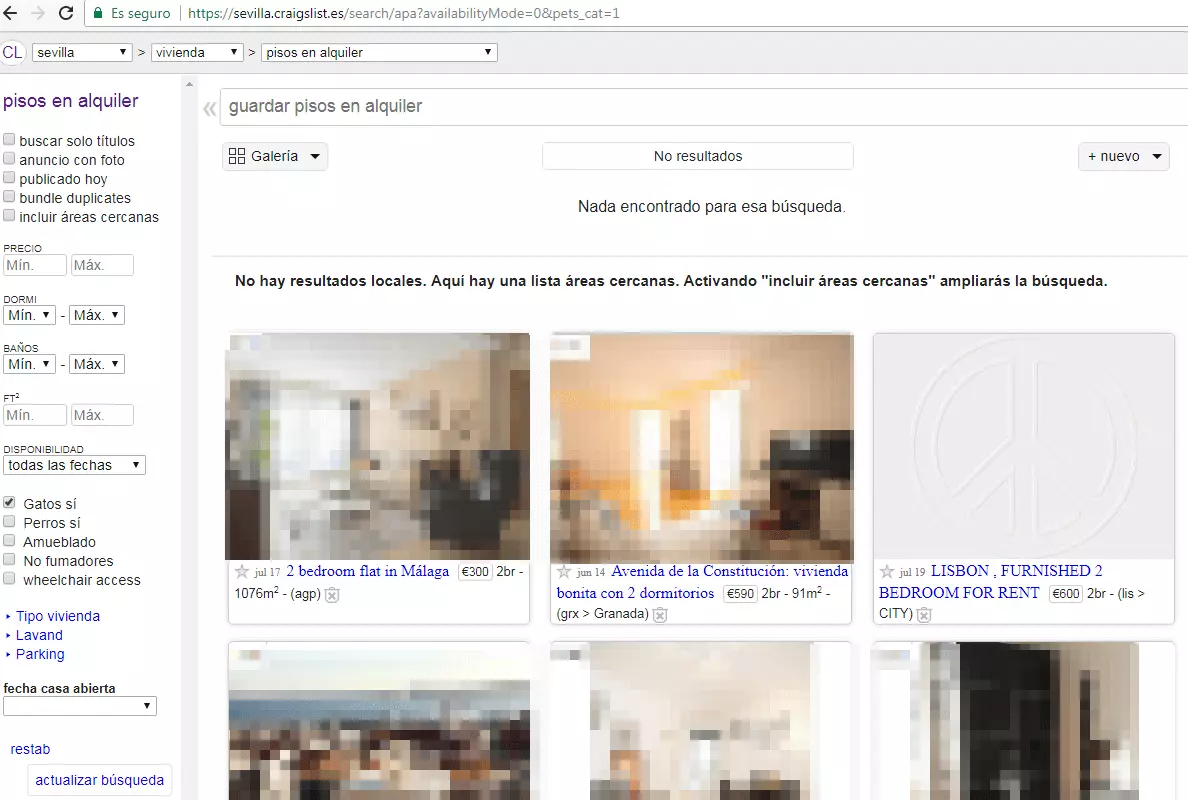 Captura de pantalla de la página craiglist.es en la categoría pisos en alquiler