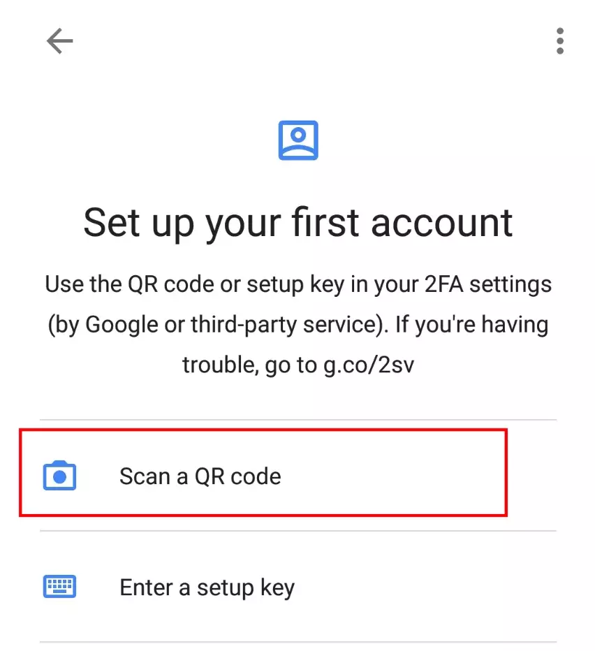 Opción para escanear el código QR en la aplicación Google Authenticator
