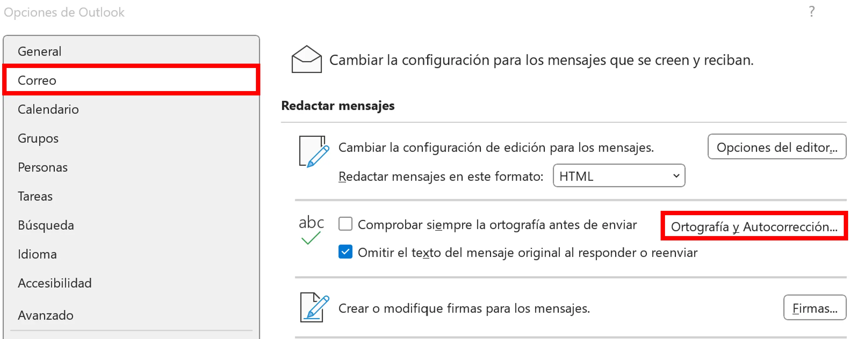 Menú correo de Outlook Imagen: Menú correo de Outlook