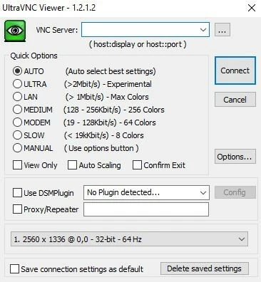 Menú de ajustes de UltraVNC Viewer