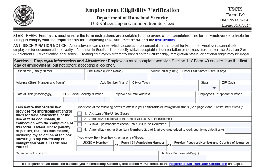 Imagen: La primera parte del Formulario I-9 para verificar la elegibilidad laboral