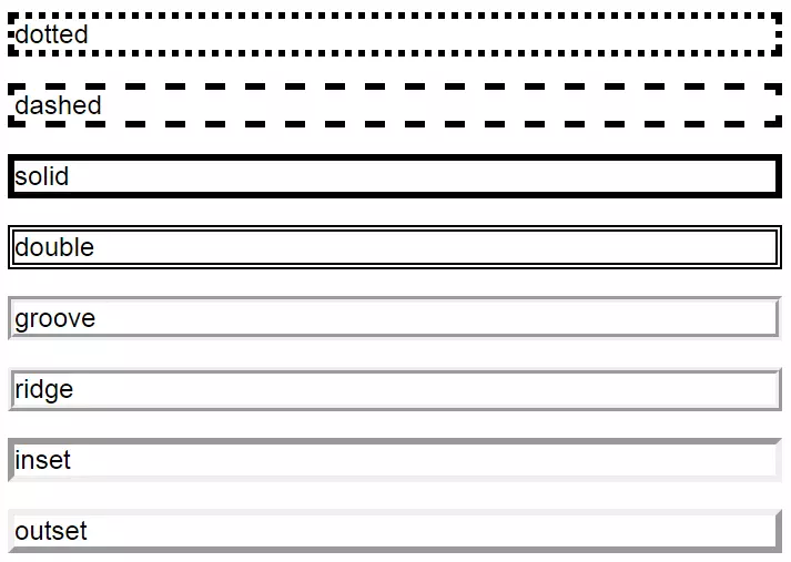 Imagen: Representación de los diferentes tipos de borde en CSS: dotted, dashed, solid, double, groove, ridge, inset y outset