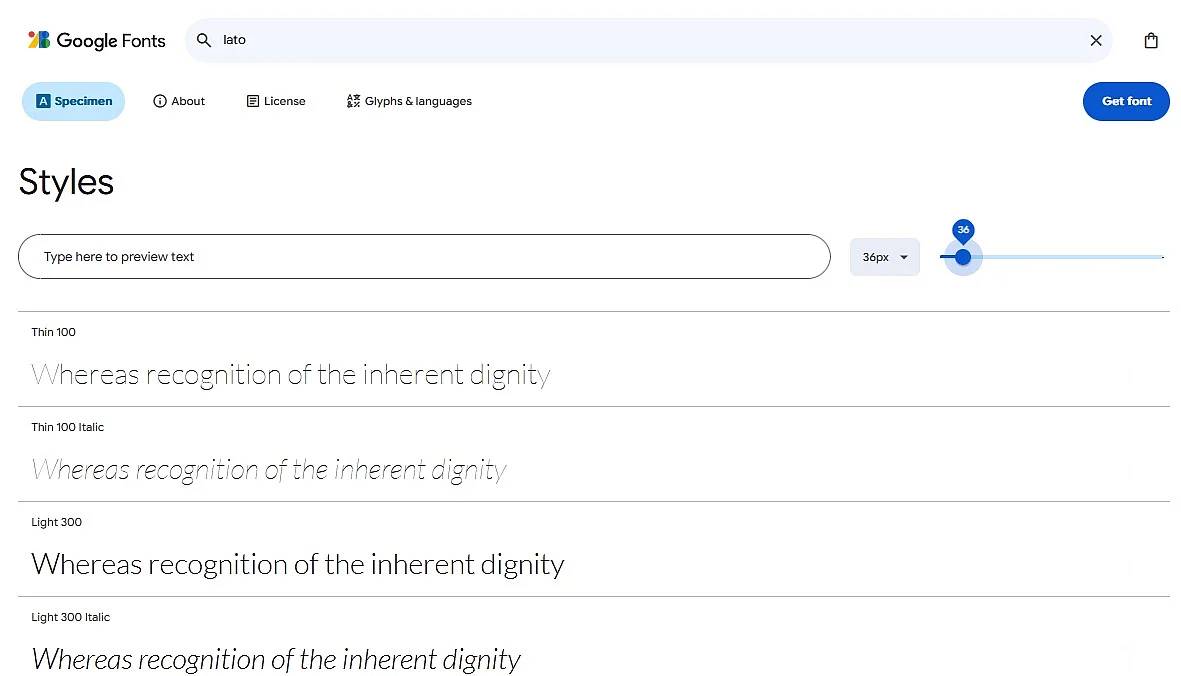 Diferentes variantes de la fuente Lato en Google Fonts Imagen: Diferentes variantes de la fuente Lato en Google Fonts