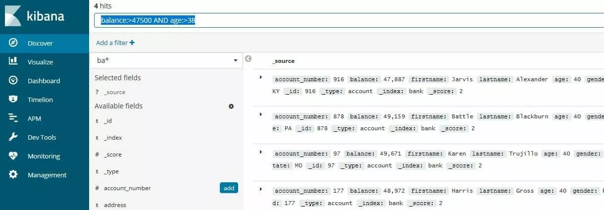 Imagen: Kibana: resultados del filtrado de un registro