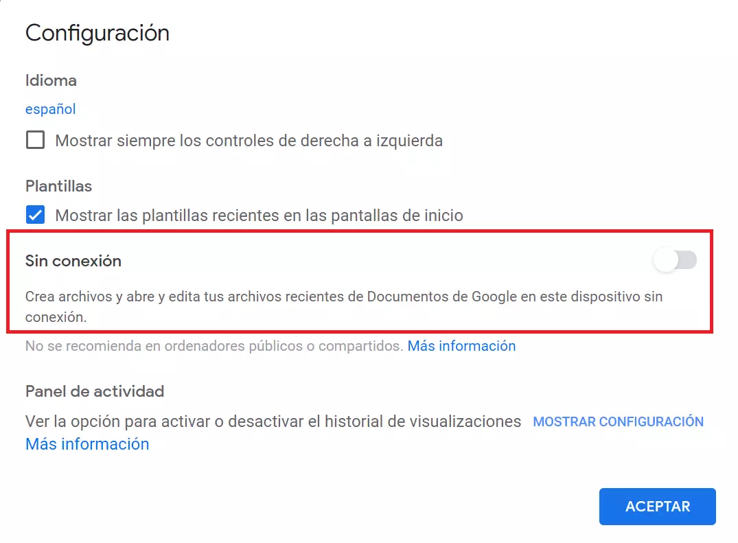 Imagen: Interruptor para activar la aplicación de uso offline de Google Docs