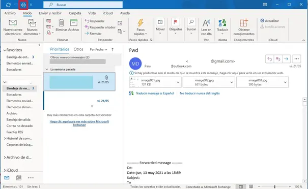 Imagen: Outlook con el icono de “Imprimir” en la barra de herramientas azul