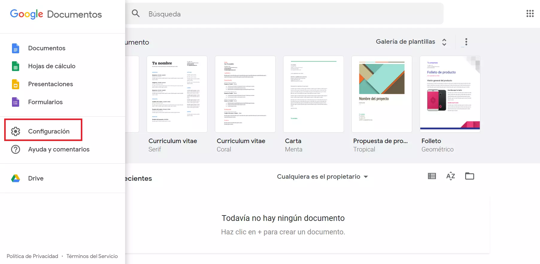Imagen: Google Docs: Símbolo destacado de la rueda dentada, que abre el menú de configuración