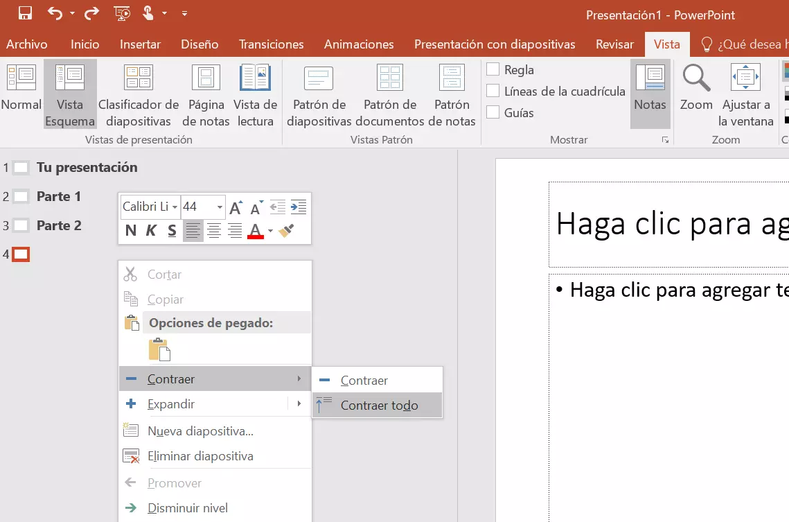Imagen: Crear tabla de contenido en PowerPoint: contraer esquema