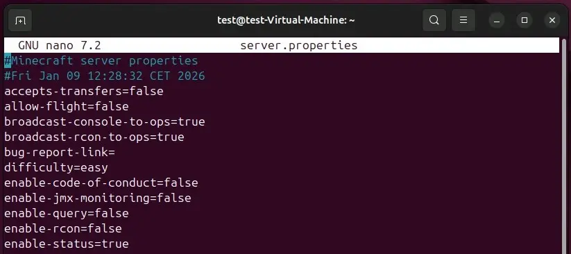 Servidor de Minecraft (Linux): configuración por defecto en server.properties Imagen: Servidor de Minecraft (Linux): configuración por defecto en server.properties