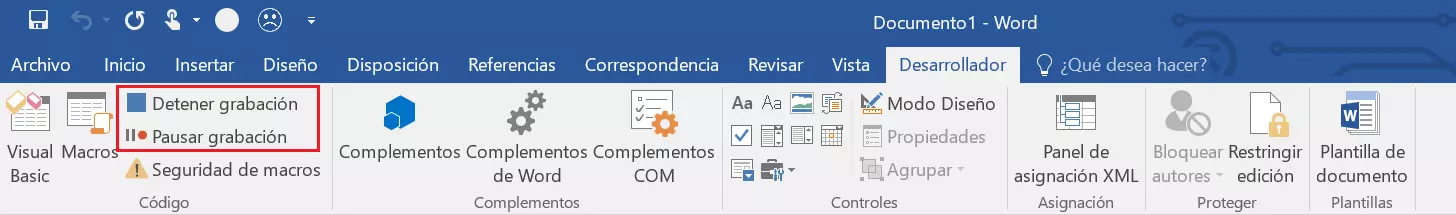 Imagen: “Detener grabación” en las herramientas de desarrollador en Word 2016