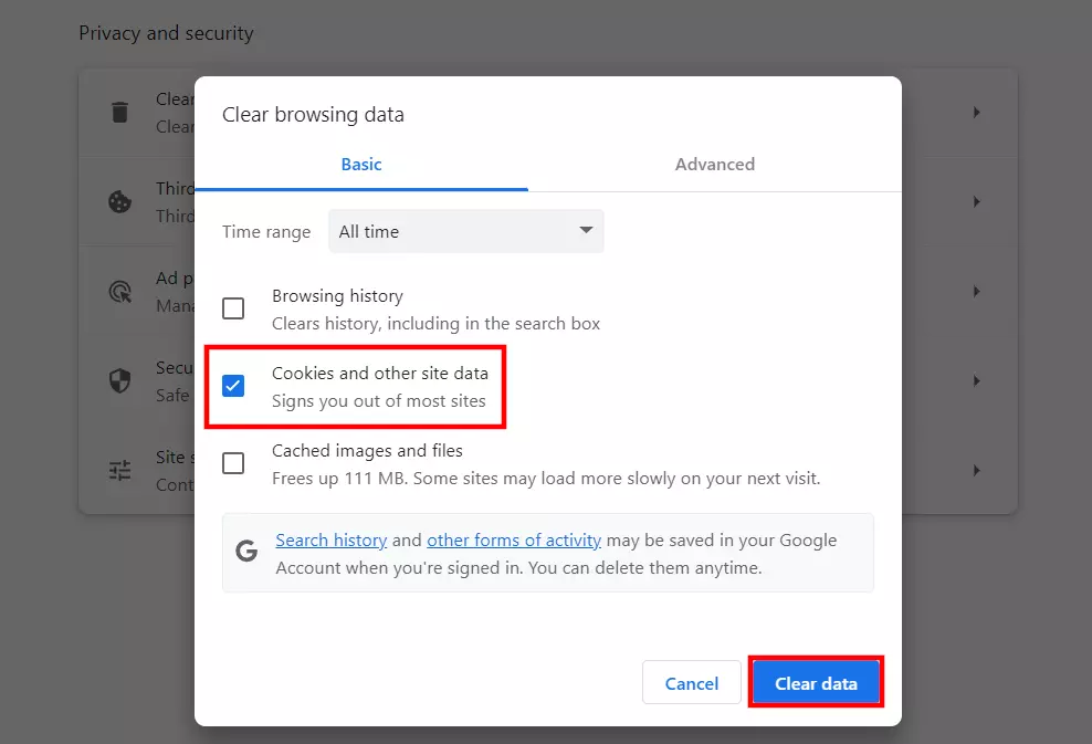 Image: Clearing cookies in Chrome