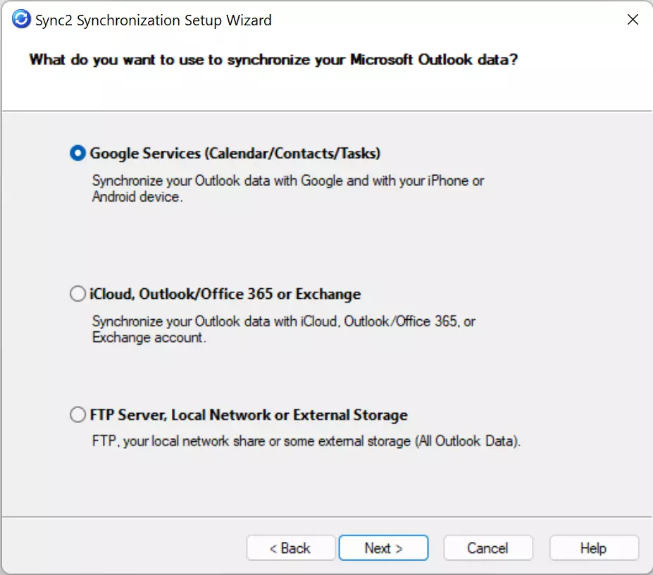 Image: Synchronisation options in Sync2 Synchronisation Setup Wizard