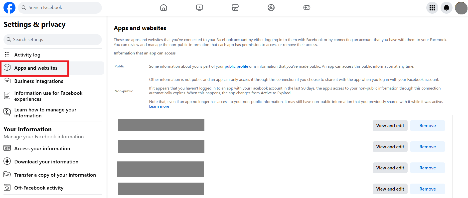 Facebook menu ‘Apps and websites’ Kuva: Facebook menu ‘Apps and websites’