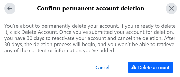 Facebook: Confirm account deletion Kuva: Facebook: Confirm account deletion