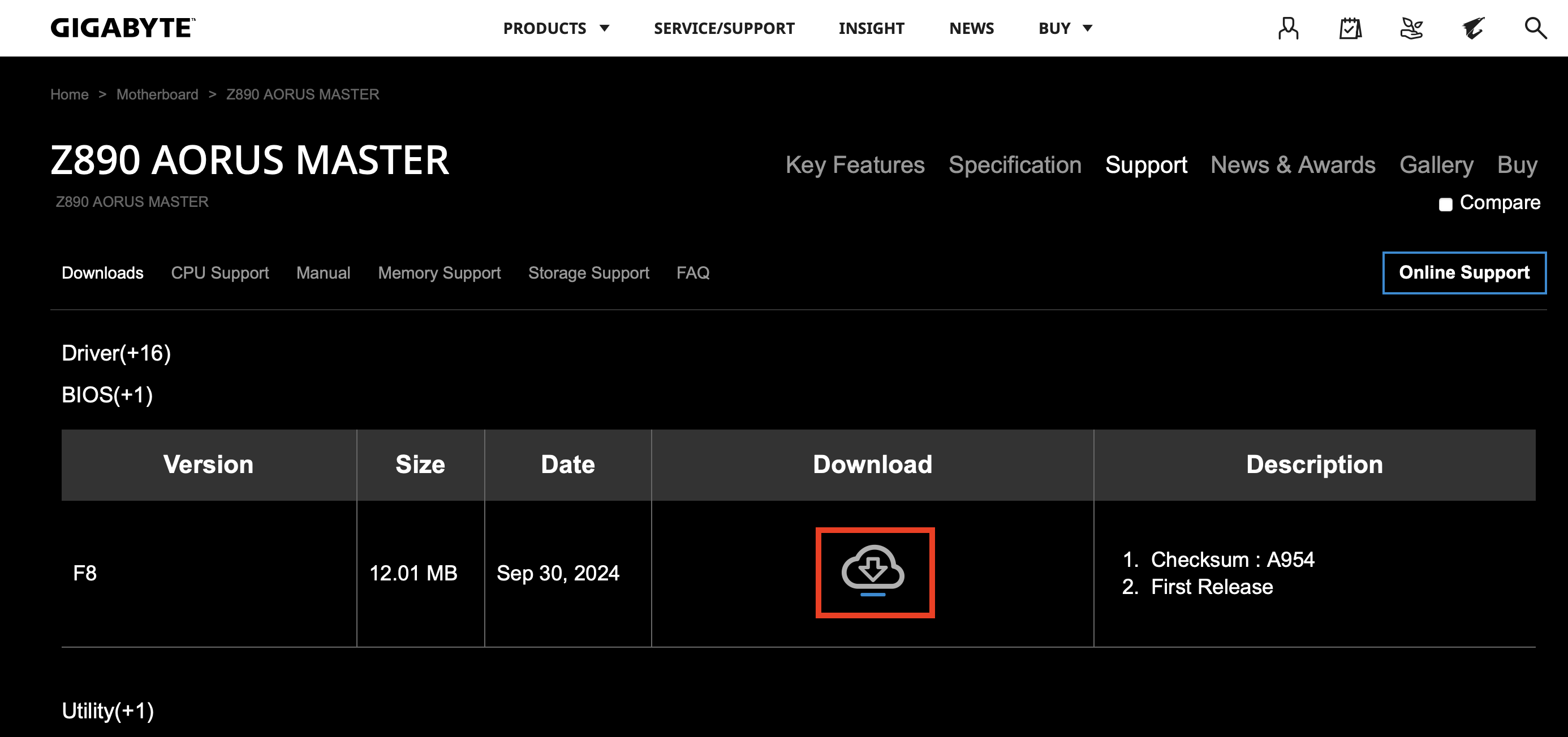 Download the most recent BIOS version on the Gigabyte website Kuva: Download the most recent BIOS version on the Gigabyte website