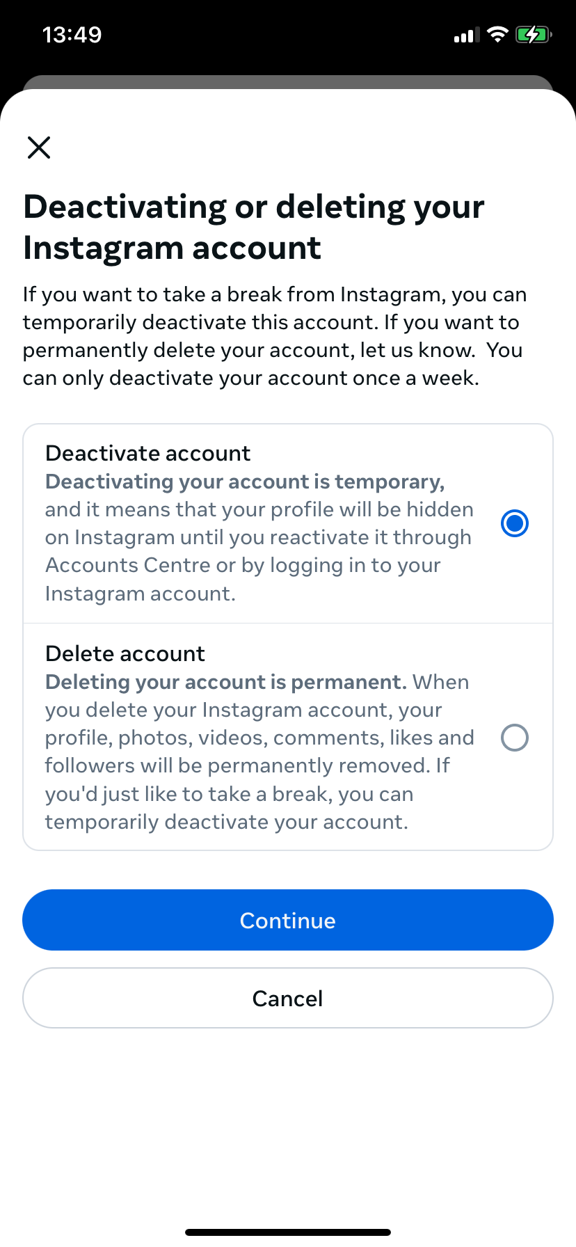 Choose ‘Deactivate account’ or ‘Delete account’ Kuva: Choose ‘Deactivate account’ or ‘Delete account’