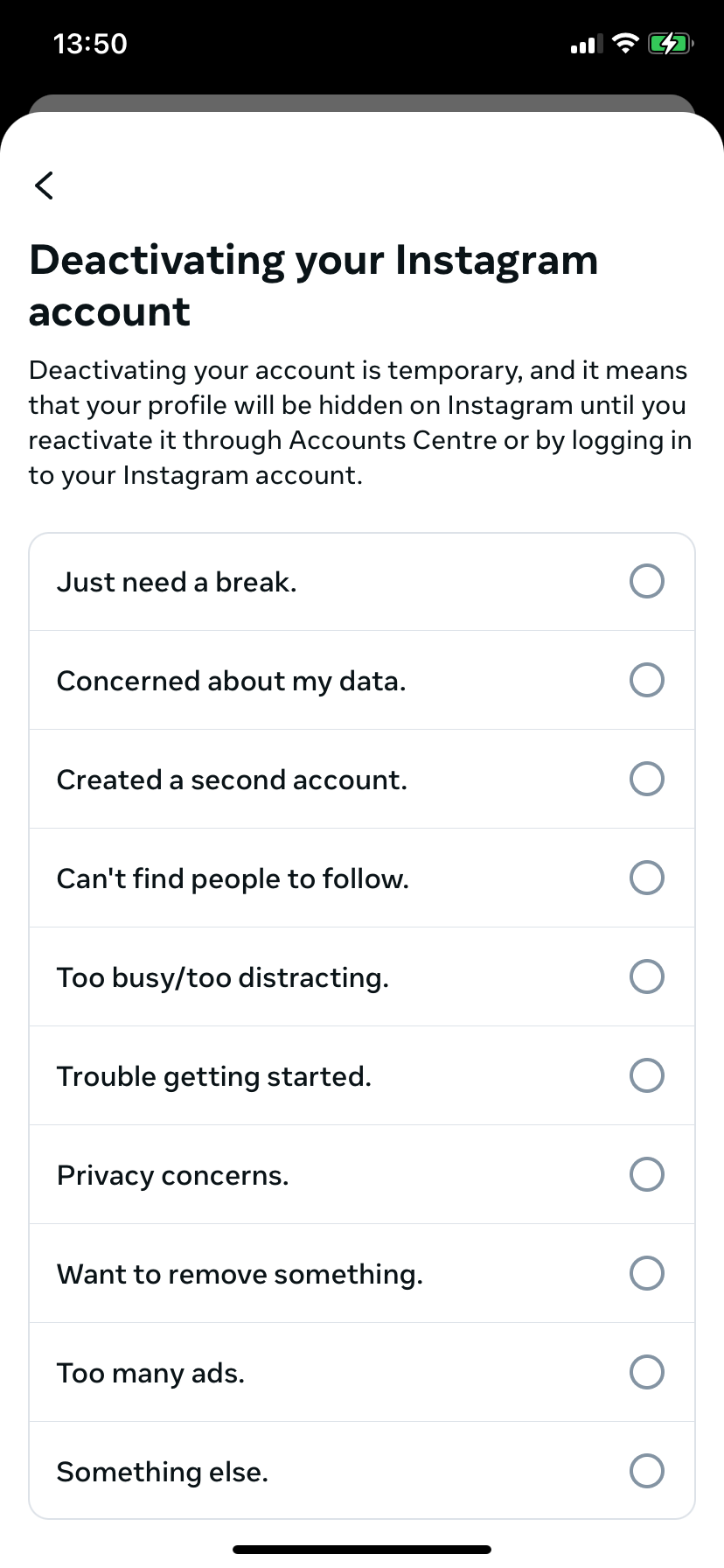 Give a reason for deactivating or deleting your account Kuva: Give a reason for deactivating or deleting your account