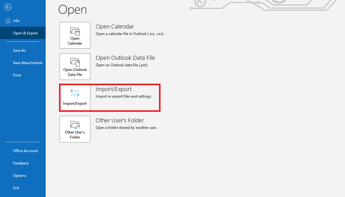 ‘Open & Export’ submenu in Outlook 365 Kuva: ‘Open & Export’ submenu in Outlook 365