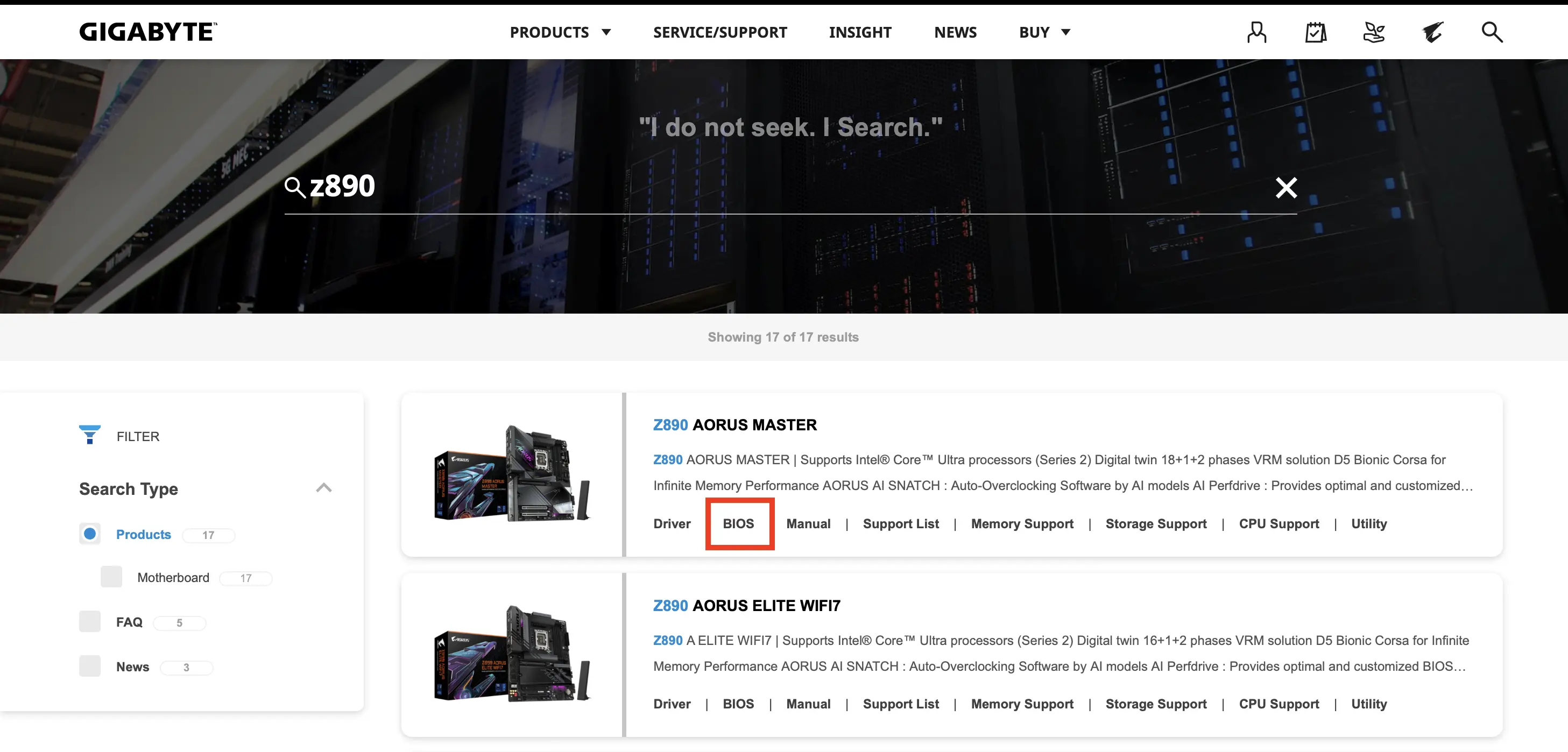 Kuva: Search for your motherboard on the Gigabyte website