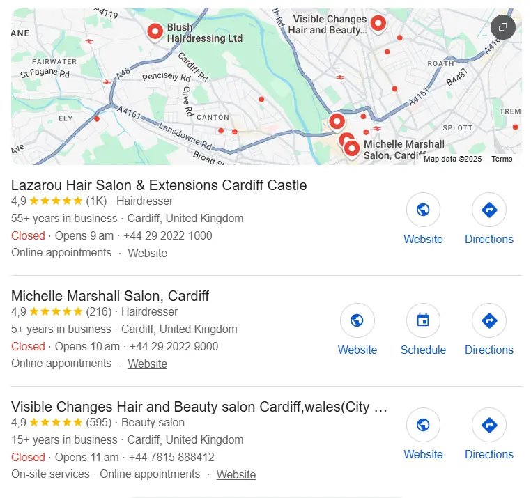 Kuva: Local search result for ‘hair salon Cardiff’