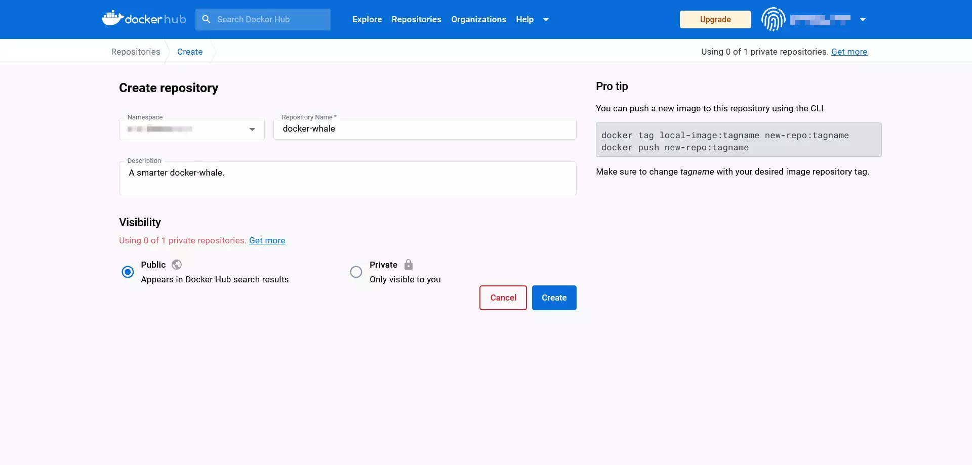 The Docker hub: Entry form for creating a repository Kuva: The Docker hub: Entry form for creating a repository