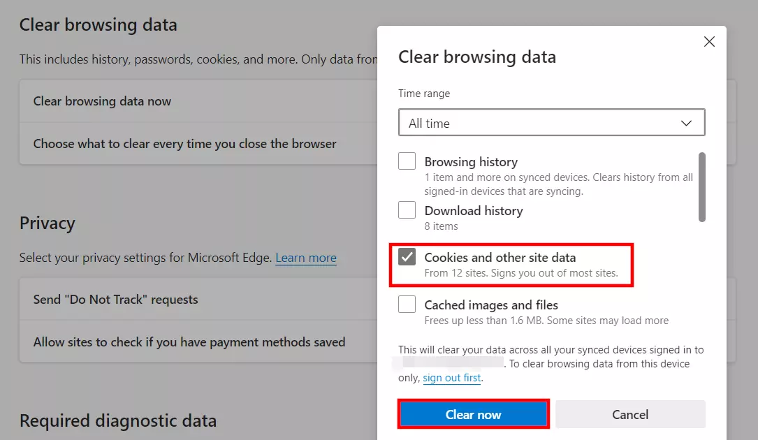 Clearing cookies in Edge Kuva: Clearing cookies in Edge