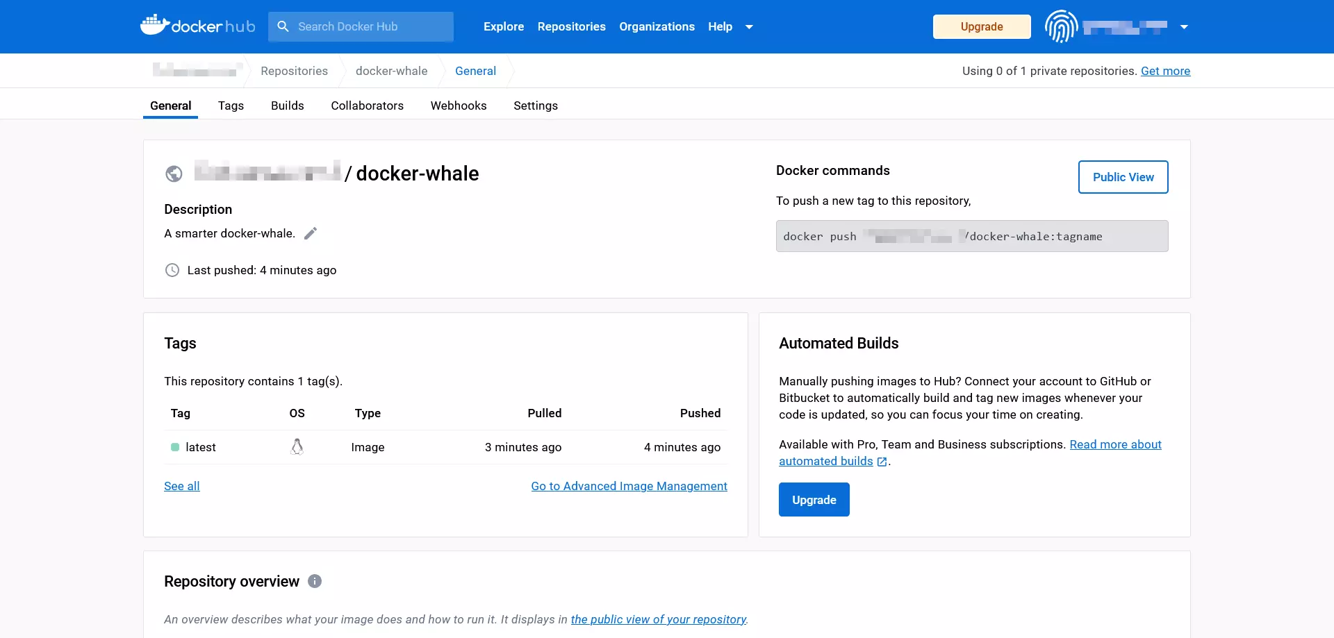 Kuva: Docker hub: The repository [Namespace]/docker-whale in the detailed view