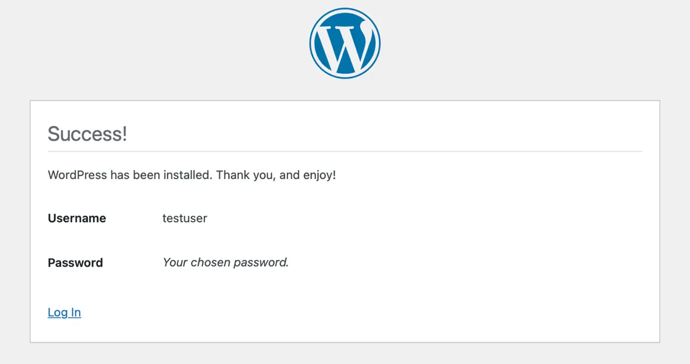 Screenshot of the successful WordPress installation Kuva: Screenshot of the successful WordPress installation